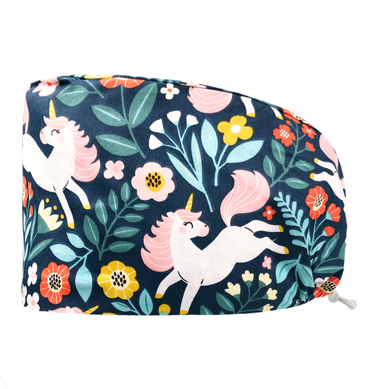 Gorro redondo de algodón puro para hombre y mujer, gorro bonito con estampado de UCI quirúrgico y hebilla, gorro de trabajo ajustable para médico y Hospital, gorro de enfermera
