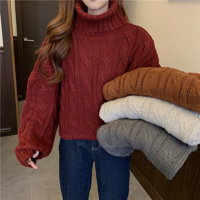 Autumn and Winter Large Size Loose Korean Style High-Neck Outerwear Short Twist Lazy Style Solid Color Sweater Top Foreign Trade Dropshipping