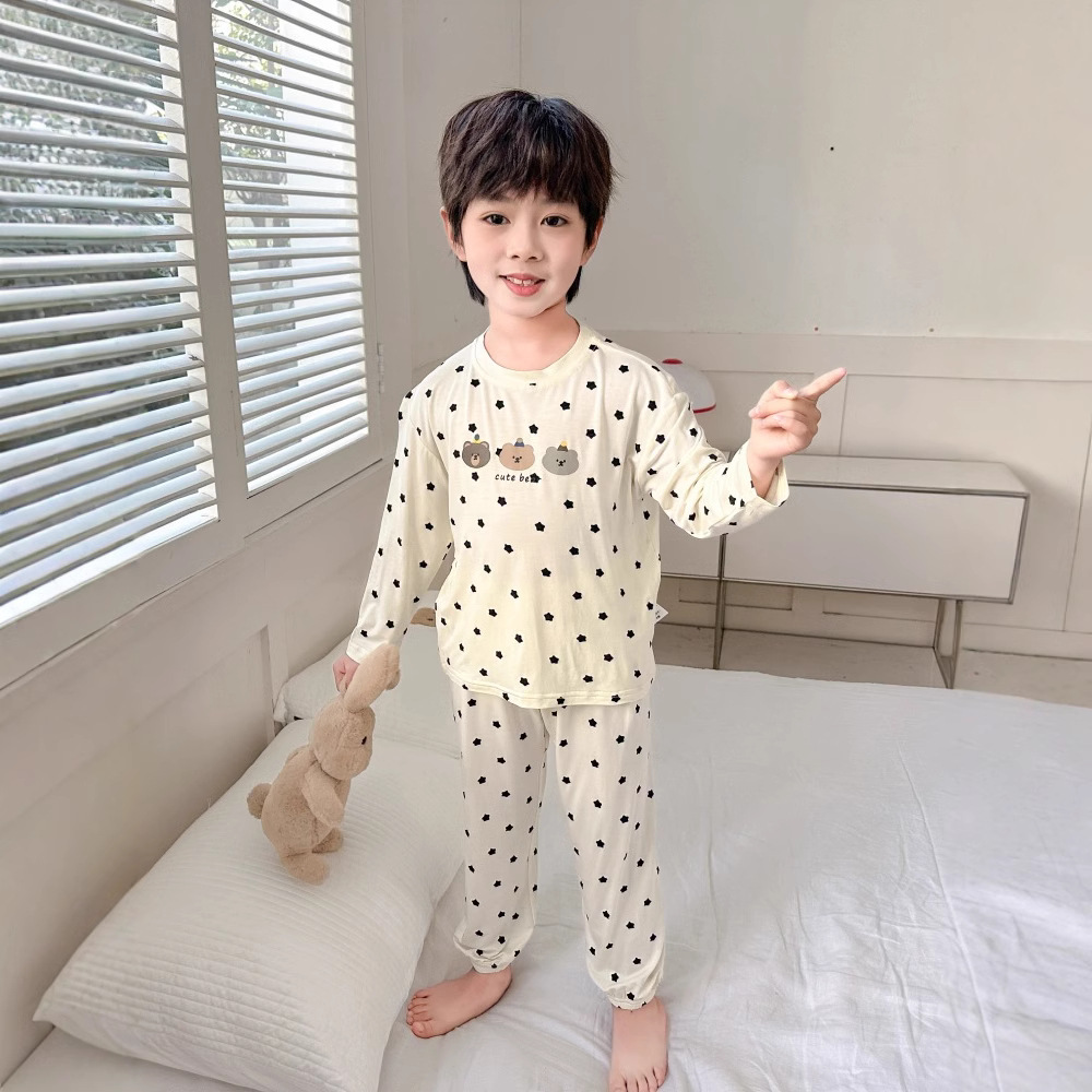 Children's Long Sleeve Pajamas Modal Boy's Cartoon Printed Thin Breathable Spring and Autumn Baby's Round Neck Home Clothes Spring and Autumn