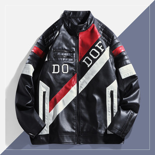 Men's Cross-Border Spring and Autumn Leather Jacket, Men's Color-Blocking Fashion Motorcycle Trendy Pu Leather Jacket, Stylish Windproof Top