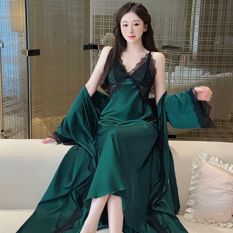 Sexy Women's Nightgown with Ice Silk, Chest Pads, Long Over-The-Knee Lace, Beautiful Back Design, Silk Camisole Nightdress, 2026 New Home Wear