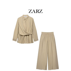 ZARZ 自制 欧美风 新款女装 金色纽扣饰双襟衬衫弹力腰身宽腿裤