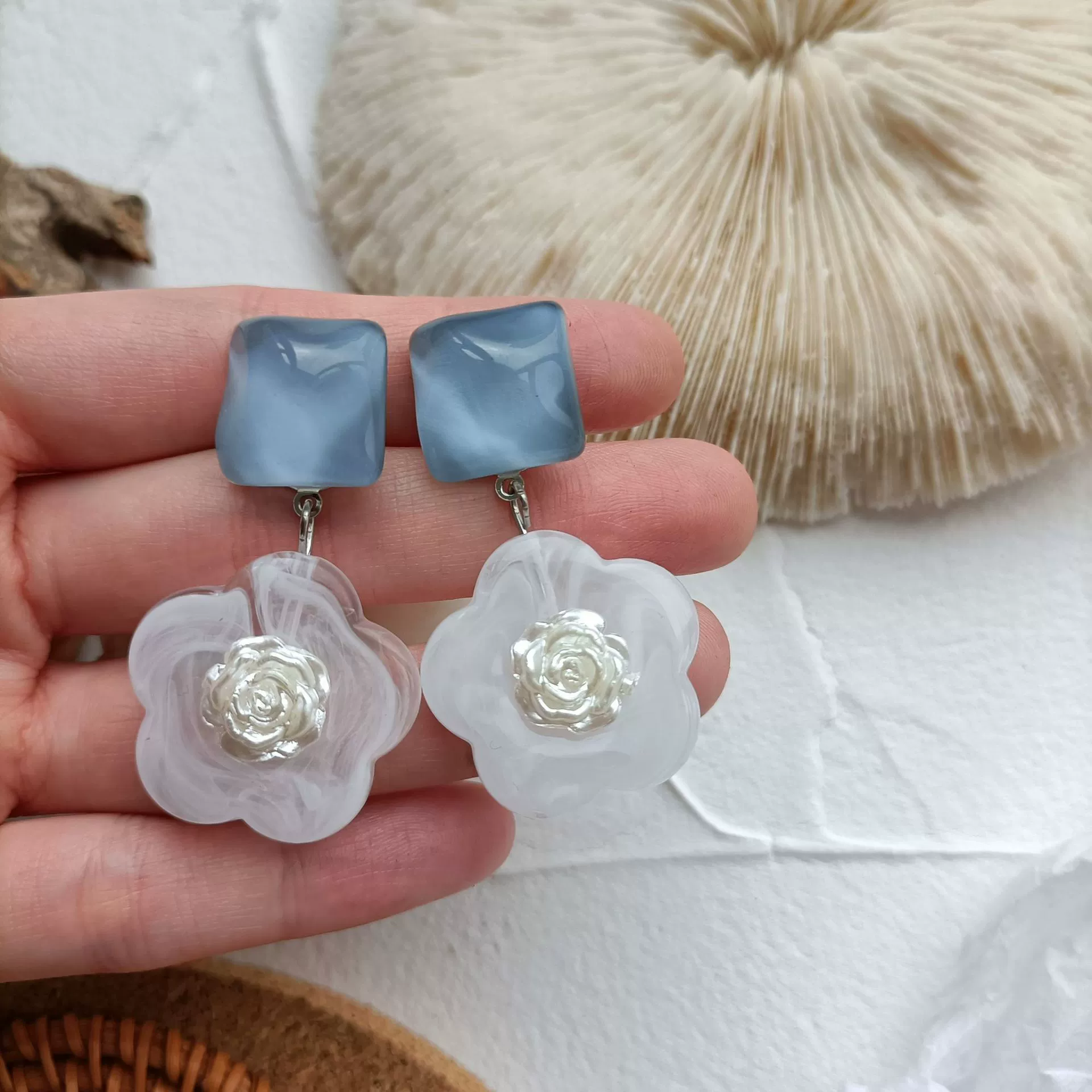 Ink, fresh earrings, ear clips, S925, silver 925 sample, flowered