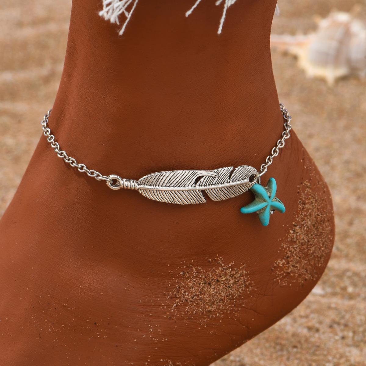 Cross-border Temu best-selling personalized feather ankle chain retro ethnic style hollow leaf star turquoise pendant ankle chain for women