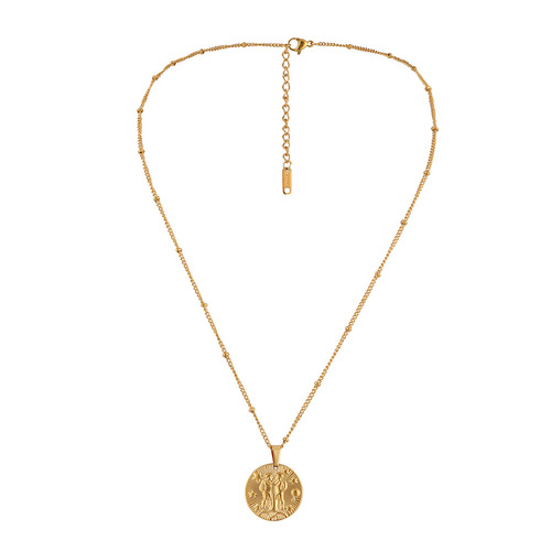 Stainless Steel Gold-Plated Round 12 Zodiac Sign Coin Embossed Necklace: Lightweight, Niche Design, Minimalist, and Versatile Clavicle Chain