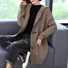2021新款羊毛针织连帽开衫外套女秋冬中长款毛衣外搭粗毛线外披