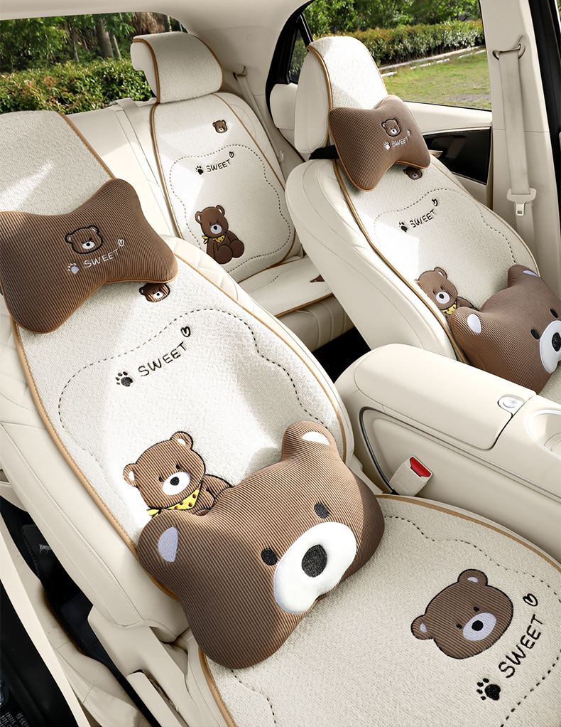 Winter Plush Bear Car Seat Cushion Car Cushion Neck Pillow Winter Warm Car Interior Supplies
