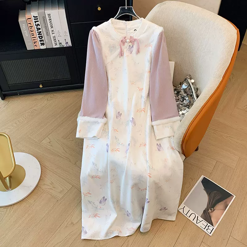 300斤大码女装胖mm复古禅意气质改良旗袍2024冬季新款长袖连衣裙