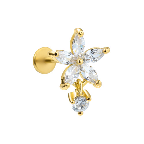Cross-border creative flower earrings, stainless steel flat bottom lip nails, ear piercing earrings for women, European and American piercing bone nails wholesale