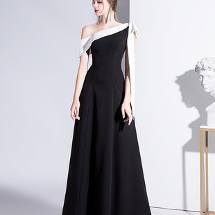 Black Evening Dress for Women 2025 Summer New One-Shoulder Ladylike Elegant Banquet Dress Slim Long Daily Dress
