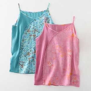 2025 Summer New Cotton and Linen Artistic Loose Camisole Retro Ethnic Color-Blocking Sleeveless Tank Top for Women