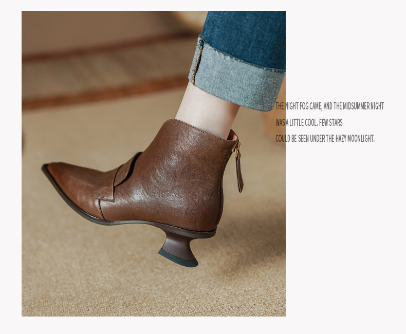 Retro Women's Ankle Boots Pointed Toe Low Heel Back Zipper Slimming Winter Style Unique Cowboy Boots_vogvips.com