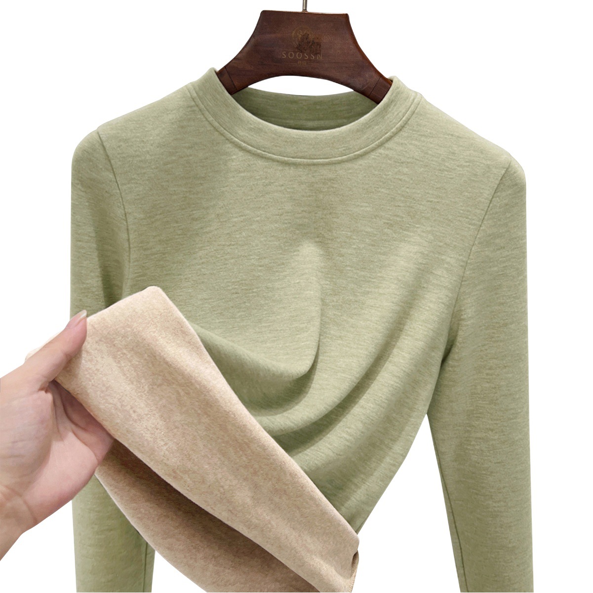 Round Neck Fleece-Lined Base Shirt for Women, Long-Sleeved Inner Wear, Autumn and Winter 2026 New Style, Elegant Women's Silk Wool Thermal Top