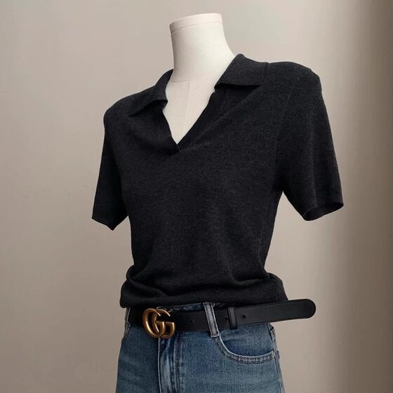 Slimming Paper People ~ Minimalist Polo Collar Ice Silk Knitted Shirt Women's Summer Short Sleeve T-Shirt Scissors V-Collar Top
