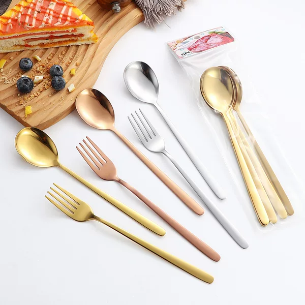 Cross-border Stainless Steel Korean-style Spoon Fork Tableware suit Household Western Tableware Dessert Spoon Soup Spoon Long Handle Dining Spoon