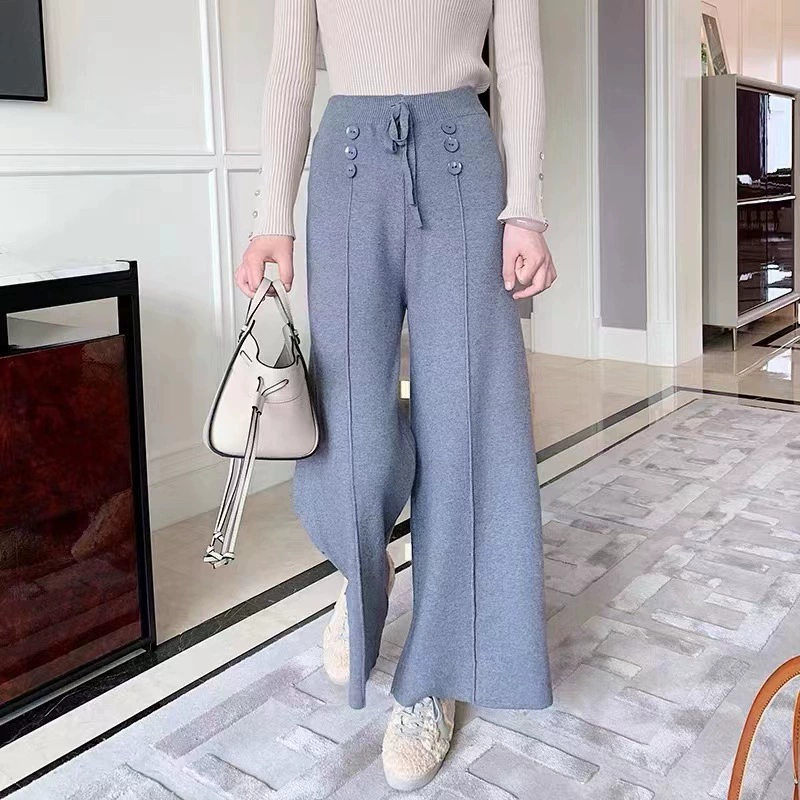 Вязаные широкие брюки для женщин осень и зима 2023 прямые брюки с вырезами нового стиля Свободные повседневные брюки в западном стиле драпировка брюки с высокой талией
