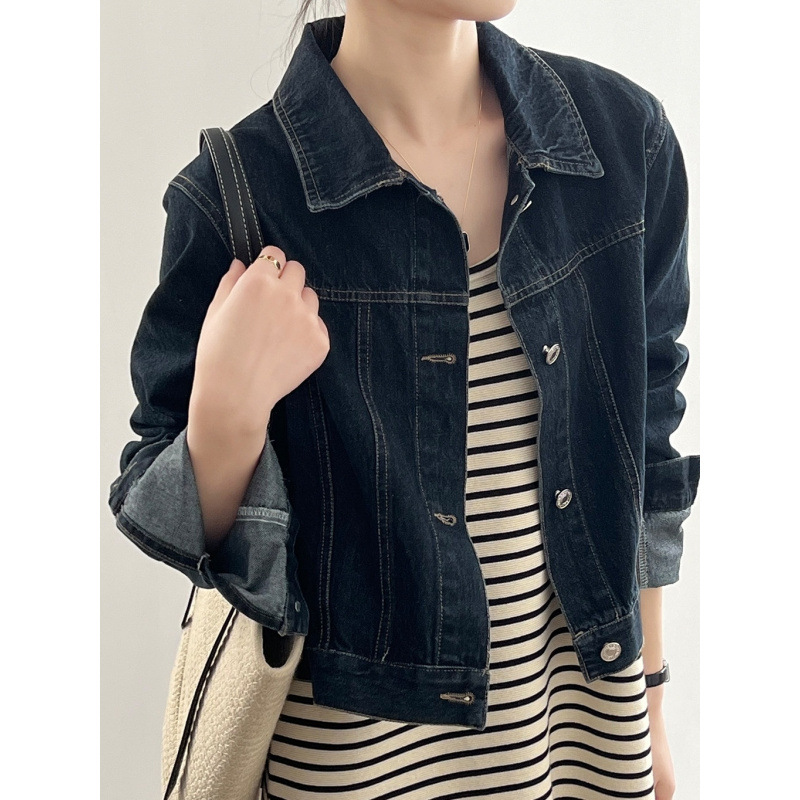 复古百搭春秋新款牛仔外套女韩版宽松休闲深蓝色时尚休闲短款夹克