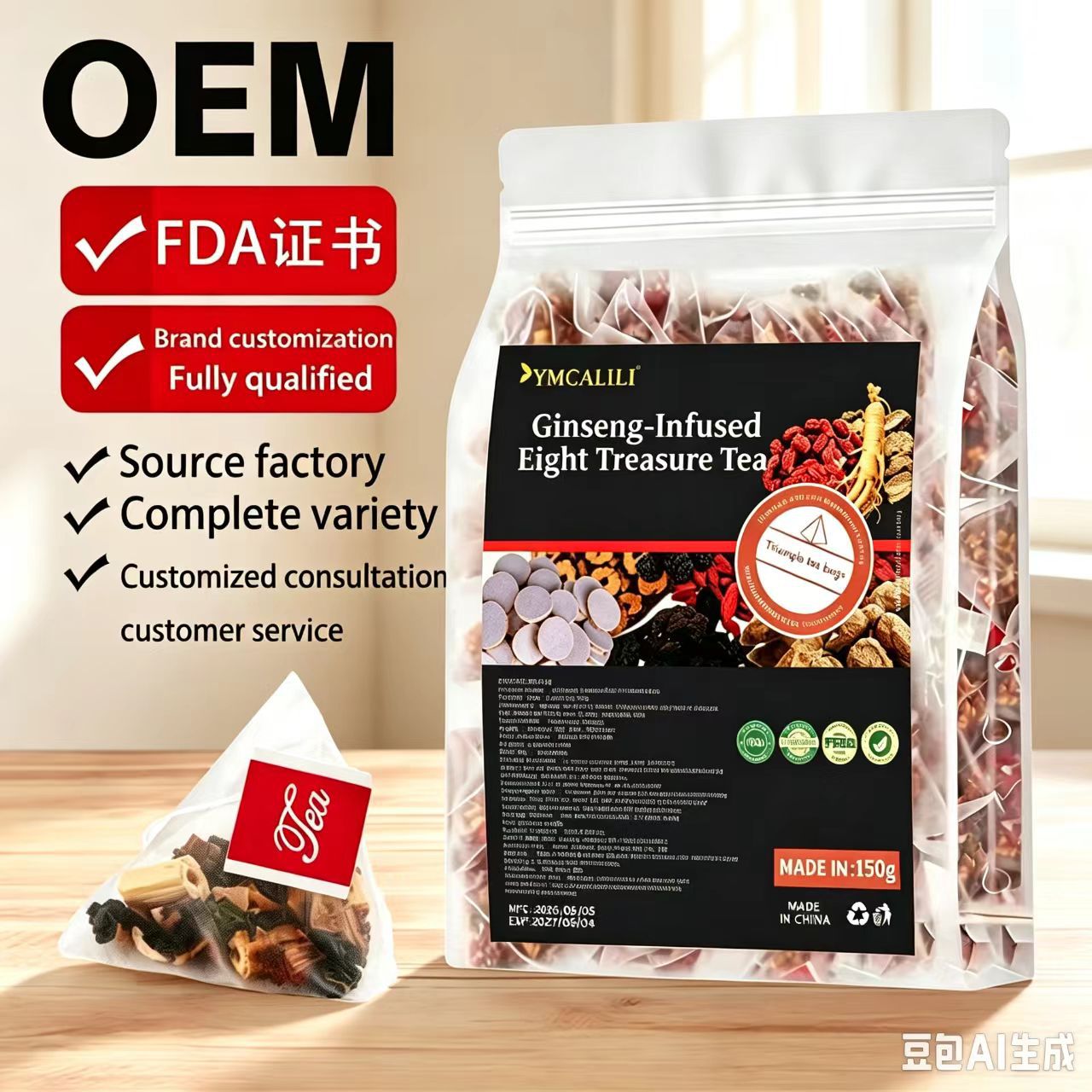 Ginseng Eight Treasure Tea 150g Triangle Tea Bags 30 Count Cold Brew Herbal Blend quality and texture
