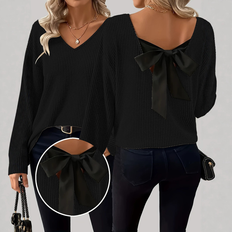 Amazon European and American women's fashion V-neck solid color sweater, new autumn foreign trade long-sleeve casual loose bow top Amazon European and American women's fashion V-neck solid color sweater, new autumn foreign trade long-sleeve casual loose bow top