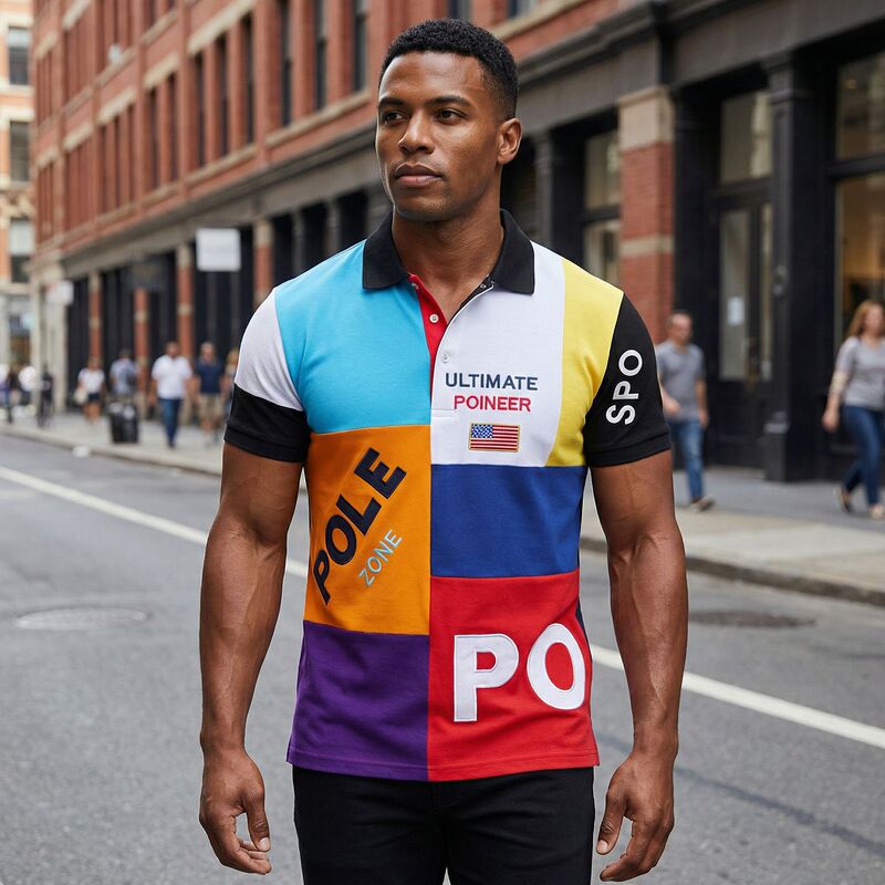 Polo Shirt Men's Short-Sleeved Lapel Export American Casual Multi-Color Stitching Contrasting Color Cotton Embroider Trendyy Fashion Sports