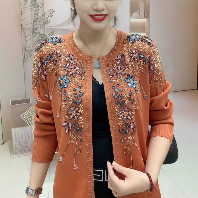Heavy-duty sequin embroidered knitted cardigan jacket for women, stylish for middle-aged and elderly mothers, round-neck, zippered, slimming top, trendy Heavy-duty sequin embroidered knitted cardigan jacket for women, stylish for middle-aged and elderly mothers, round-neck, zippered, slimming top, trendy
