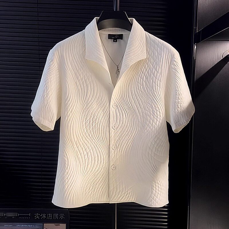 Elegant Seagull Collar Leaf Pattern Short Sleeve Shirt for Men, Summer 2026 New Textured Pleated Fashionable Shirt Elegant Seagull Collar Leaf Pattern Short Sleeve Shirt for Men, Summer 2026 New Textured Pleated Fashionable Shirt