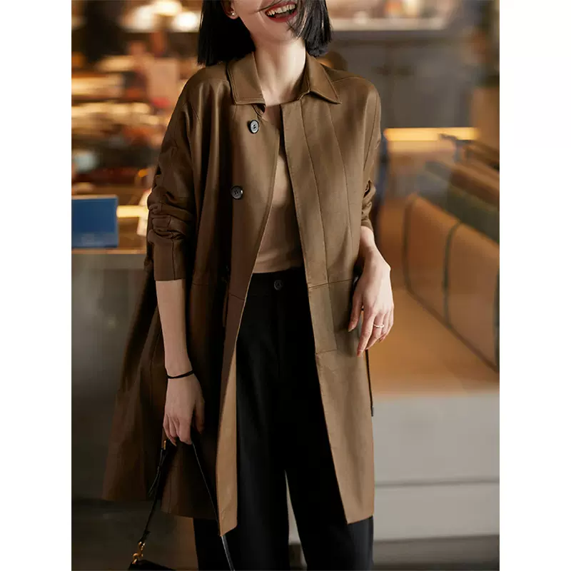 气质中长款绵羊皮外套女新款宽松洋气抽绳真皮皮风衣丨源头工厂