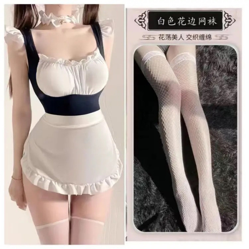 섹시한 메이드 점프수트 + 흰색 망사 스타킹