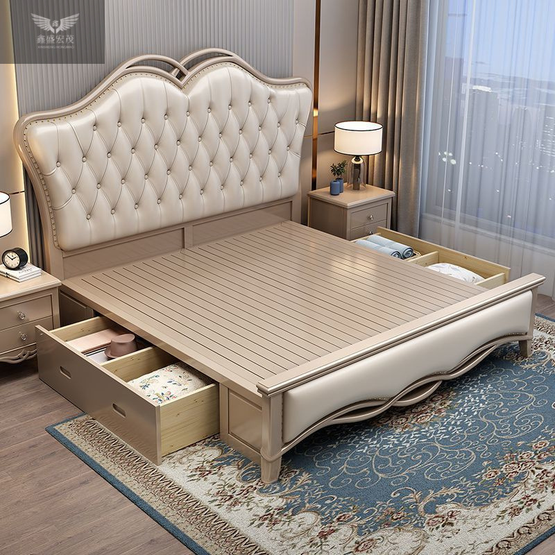 Cama simple de madera maciza estilo europeo americano de lujo ligero cama doble moderna 1.8m oro de champagne de lujo cama de 1.5m cama de matrimonio