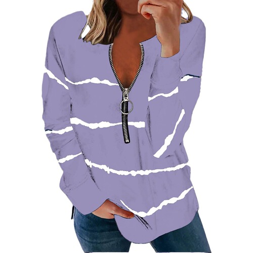 New casual comfortable stylish half-zip polo neck women's top with 3D striped print WF5