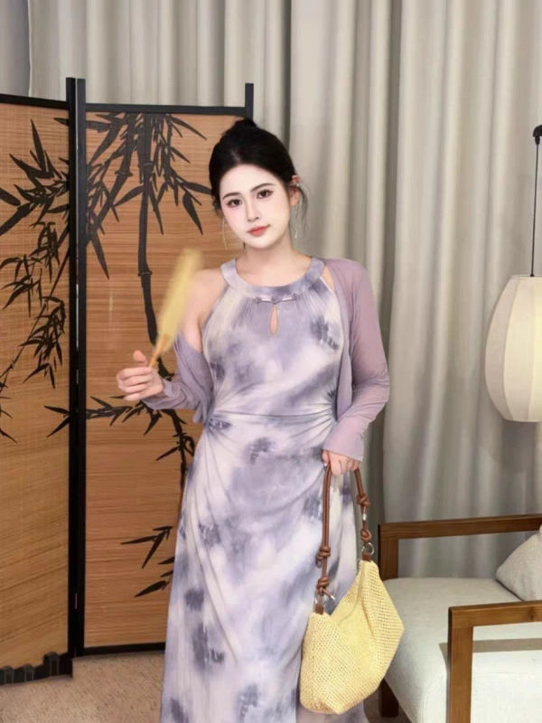 プラスサイズの新しい中国風のホルターネックチャイナドレススーツ女性のための夏のファットmmスリムカーディガン竹柄ロングスカート2点セット|undefined