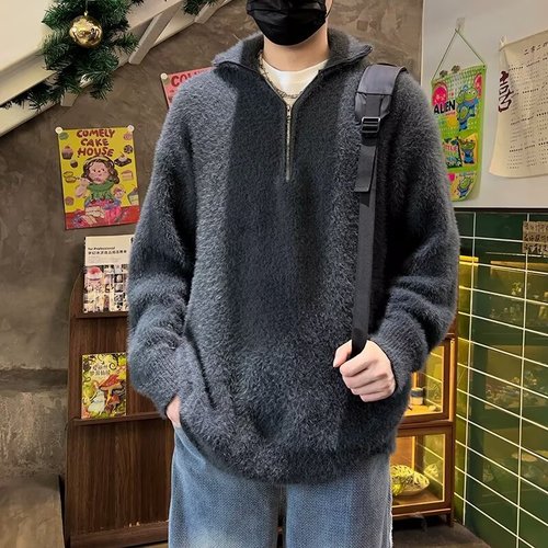 Men's Semi-Zip High Collar Knit Sweater - Cleanfit Retro Fox Fur Loose Soft Wool Hooded Knit Top