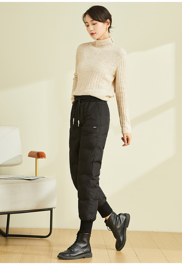 Quần lông vũ nữ mặc ngoài trời cạp cao dày dặn cỡ lớn, quần cotton nhẹ giữ ấm mùa đông — Màu đen chi tiết 12