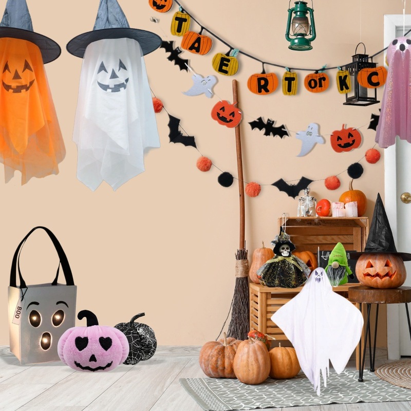 在庫あり卸売ハロウィンファブリックオーナメントパーティーデコレーションフラッグカボチャランタンハロウィンペンダント発光ゴースト|undefined