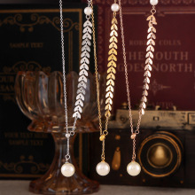 法式优雅麦穗仿珍珠可调节吊坠项链钛钢镀18k真金流苏气质锁骨链