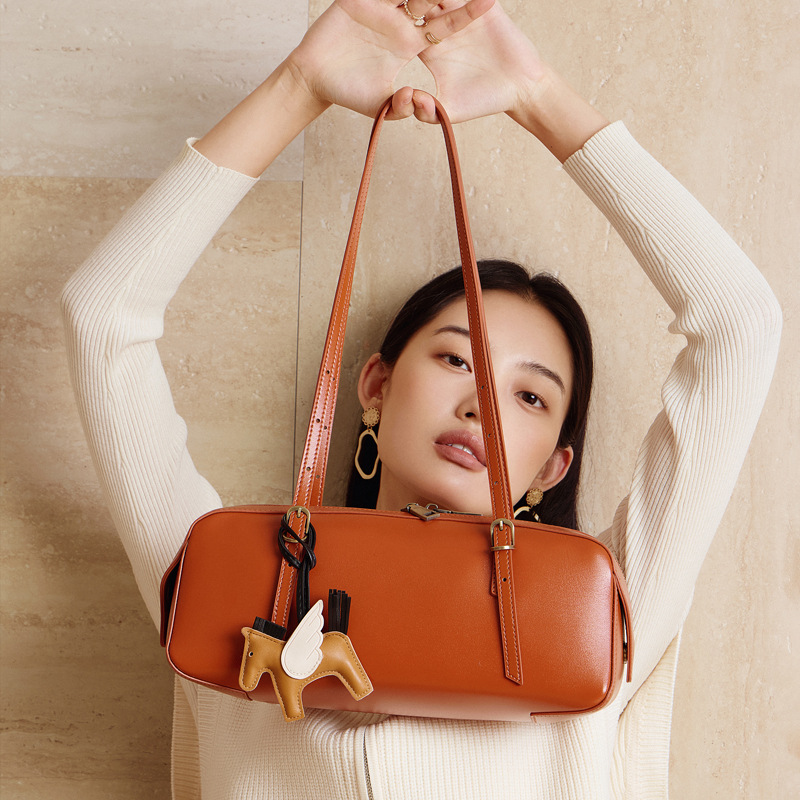 Genuine Leather Underarm Bag Retro Bowling Bag For Women Versatile Niche Vegetable-Tanned Top Grain Cowhide Handbag