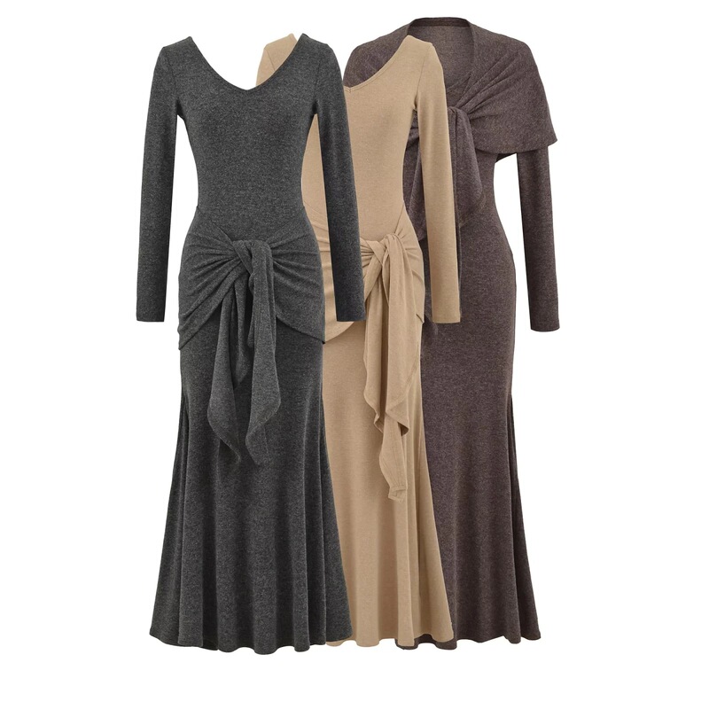 Dark Gray V-Neck Long-Sleeved Dress for Women in Autum Slim Long Skirt Elegant Waist-Covering Hip Skirt Shawl Dress