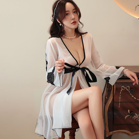 Long Night Sexy Underwear Japanese-style Printed Chiffon Kimono Passion Uniform Set Bathrobe Bed Women's 1043