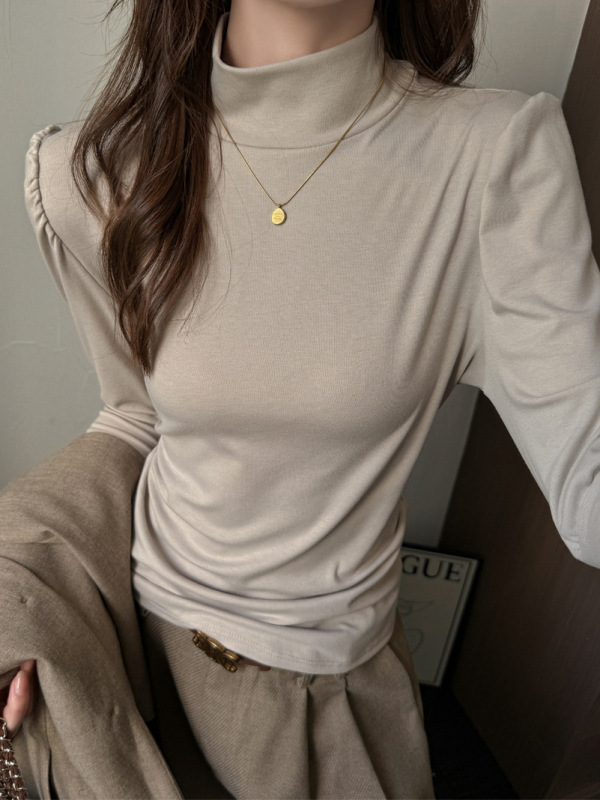 天丝莱赛尔半高领泡泡袖显肩宽长袖t恤女秋冬内搭打底衫外穿上衣|undefined