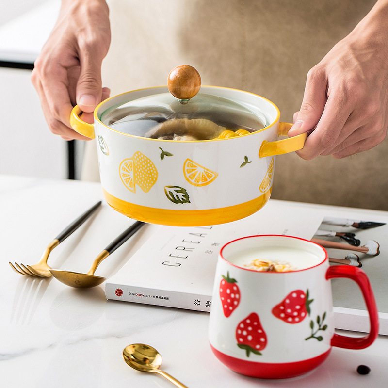 Juego de cuencos de fideos instantáneos de frutas, vajilla de cerámica, cuencos de colores bajo vidriado, chicas de alto valor, lindo y fresco, comida en casa