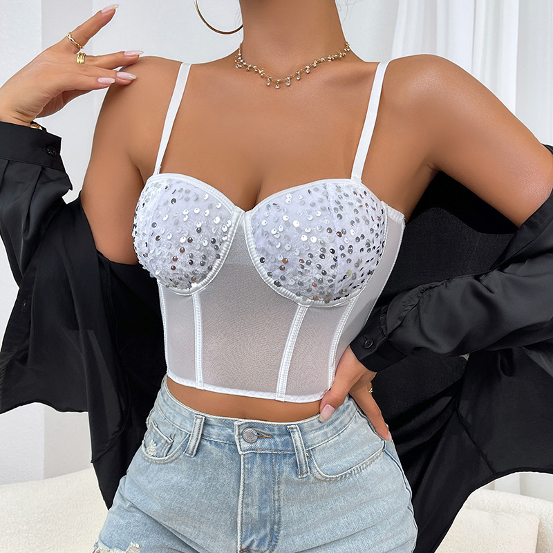 Nuevos productos transfronterizos de malla sexy anillo de acero transpirable hueso de pez lámina brillante corsé con cojín de copa bajo pecho delgado chaleco de cabina