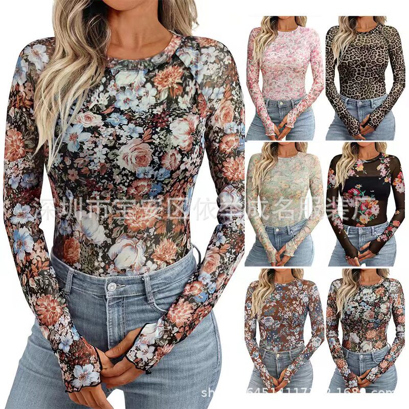 Women's Mesh Transparent Mesh Going Out Slimming See-Through Round Neck Top Autumn Fashion Clothing Clothing 2025