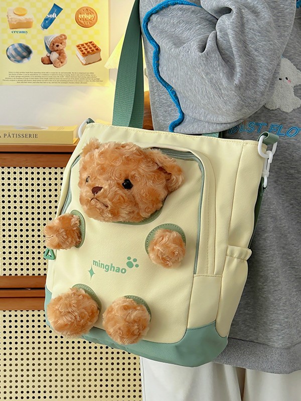 Cute Doll Canvas Bag for Women Large Capacity Bear Plush Crossbody Tote Bag for Girls Junior High School Students Handbag