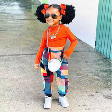 M8010欧美女童亚马逊跨境童装2023新款时尚长袖格子束脚裤套装ins