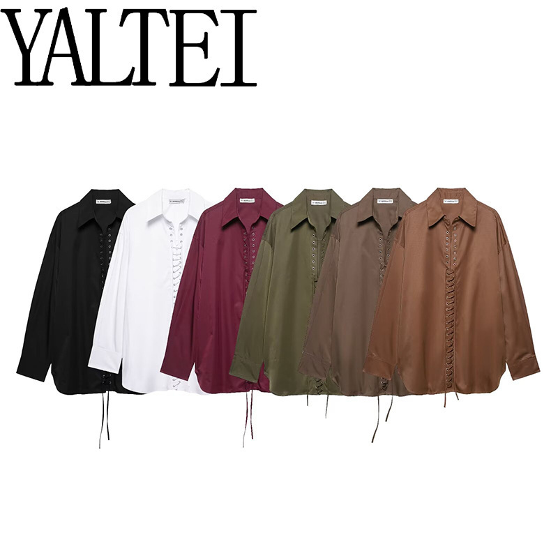 YALTEI跨境速卖通ins欧美外贸 女装 法式风设计时尚正面系带衬衫|undefined