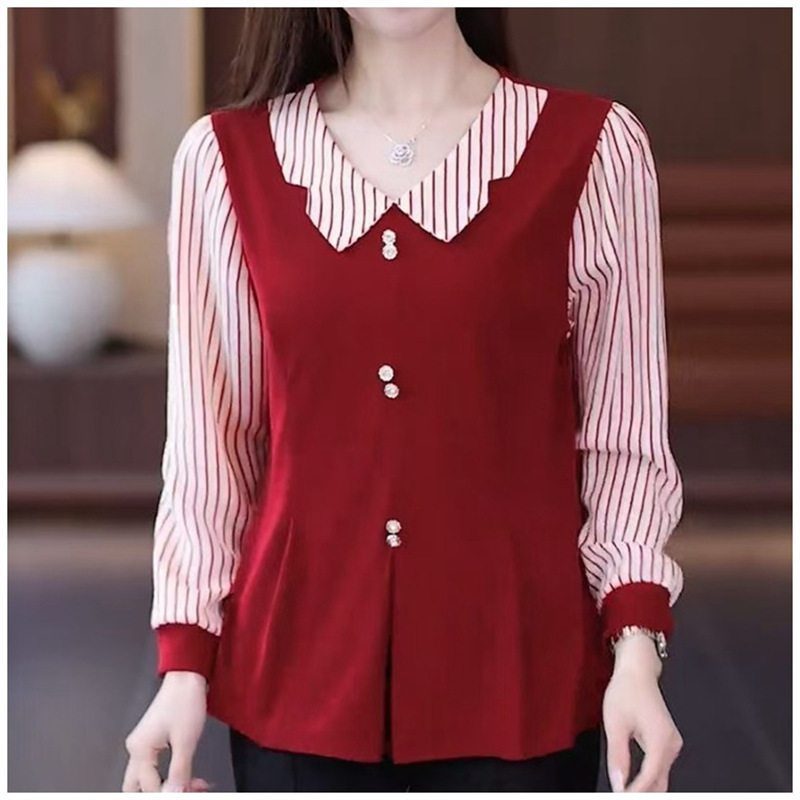2025 Spring New Women's Fashionable Two-In-One Shirt for Moms, Stylish Waist-Cinching Slimming Long-Sleeve Blouse