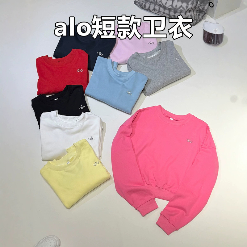 26 Spring Alo Three-Dimensional Letter Round Neck Sweatshirt for Women Casual Classic Versatile Sports Yoga Short Top in Stock