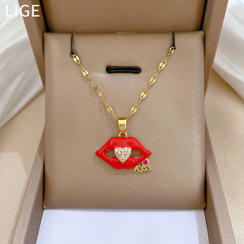 【Titanium Steel】Flame red lips Zircon Light luxury temperament Gorgeous full diamond necklace for women versatile clavicle chain Titanium steel chain