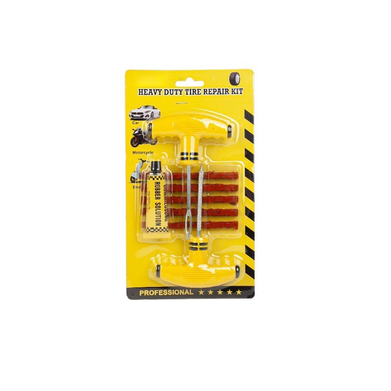 Qìchē Car Tire Repair Tool Kit Tubeless Puncture Emergency Repair (Kempinq və səyahət) - yellow-handle-tire-repair-tool-card-packaging