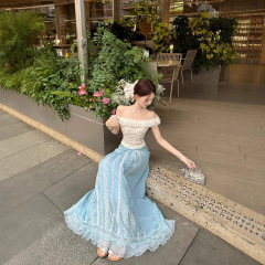 実写2025夏の新しい休暇の花のレースの肩の上着の長いタイプの軽い刺繍のスカートの女性